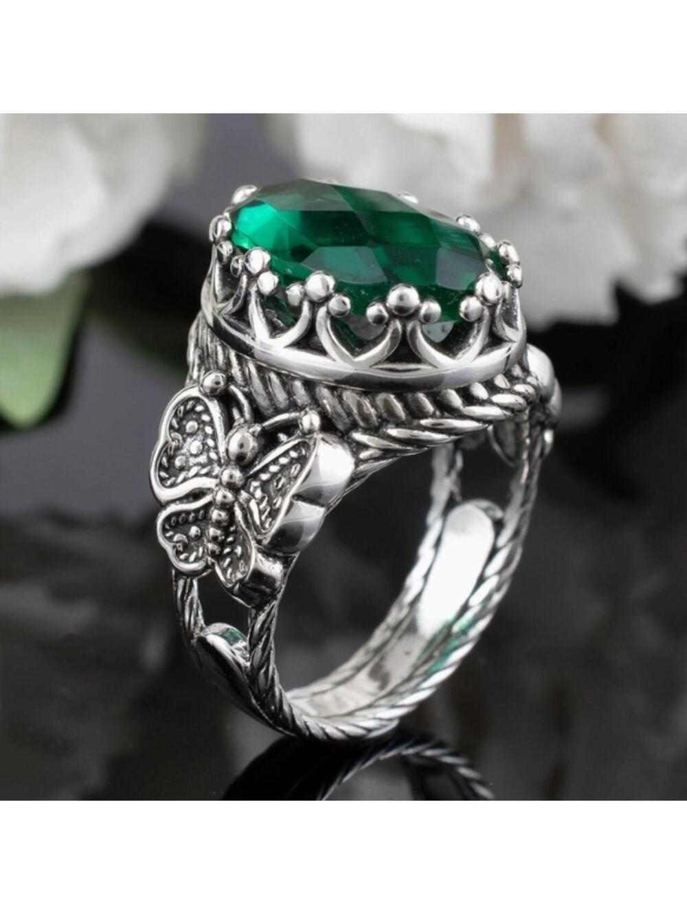 Filigree Double Butterfly Emerald Gemstone 925 Sterling Silver Statement Ring